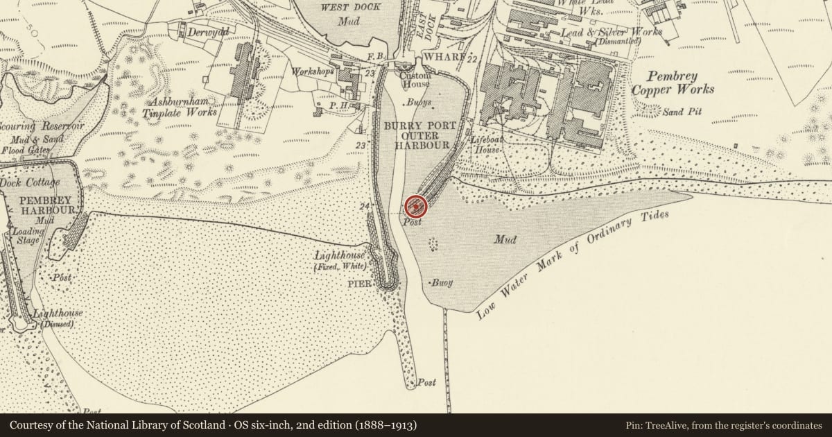 Ordnance Survey six-inch map, 2nd edition (1888–1913) covering the location of Harbour walls, breakwater and locks at Burry Port, Pembrey and Burry Port Town, Carmarthenshire, with a pin at the register's coordinates