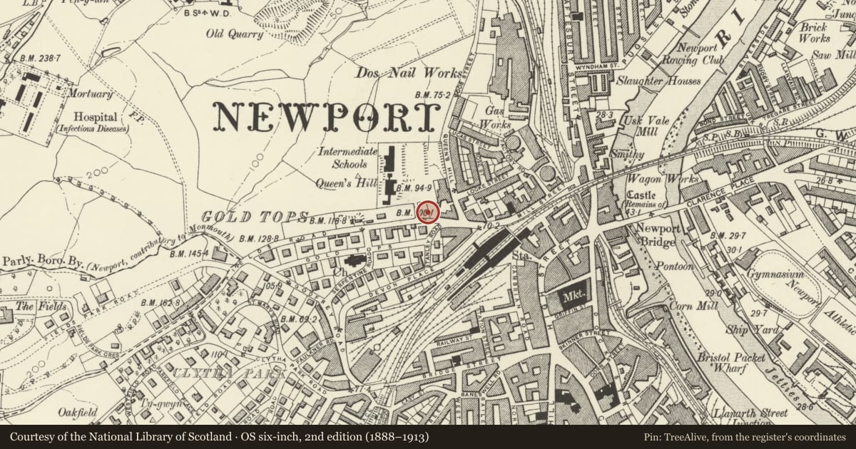 Ordnance Survey six-inch map, 2nd edition (1888–1913) covering the location of Shire Hall (including Queen's Chambers), Allt-yr-Yn, Newport, with a pin at the register's coordinates