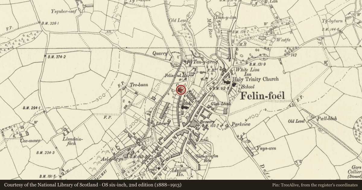 Ordnance Survey six-inch map, 2nd edition (1888–1913) covering the location of Adulam Baptist Chapel with Vestry (Ysgoldy Adulam), Baptistery, Railings and Gates, Llanelli Rural, Carmarthenshire, with a pin at the register's coordinates