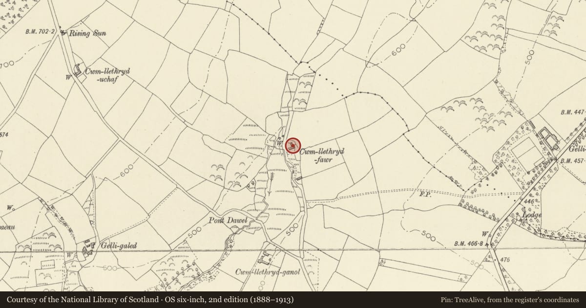 Ordnance Survey six-inch map, 2nd edition (1888–1913) covering the location of Cwmllethryd Fawr Farm, Llanelli Rural, Carmarthenshire, with a pin at the register's coordinates