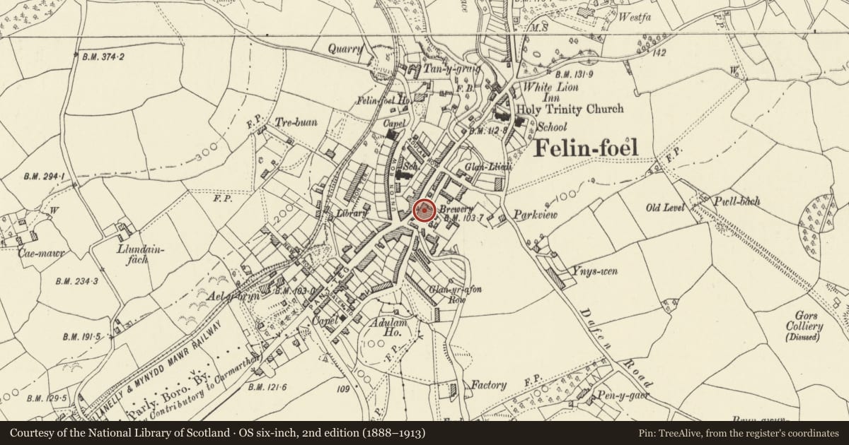 Ordnance Survey six-inch map, 2nd edition (1888–1913) covering the location of Felinfoel Brewery, Llanelli Rural, Carmarthenshire, with a pin at the register's coordinates