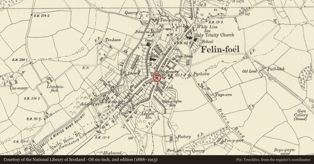Ordnance Survey six-inch map, 2nd edition (1888–1913) covering the location of Office of Felinfoel Brewery, Llanelli Rural, Carmarthenshire, with a pin at the register's coordinates