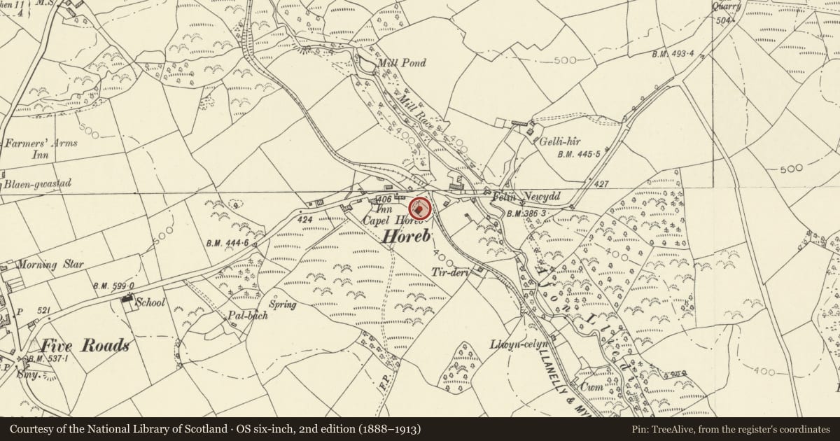 Ordnance Survey six-inch map, 2nd edition (1888–1913) covering the location of Horeb Baptist Chapel, Llanelli Rural, Carmarthenshire, with a pin at the register's coordinates
