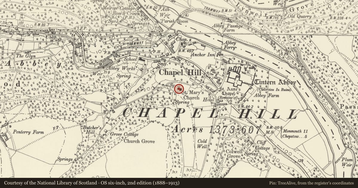 Ordnance Survey six-inch map, 2nd edition (1888–1913) covering the location of Former Church of St Mary, Wye Valley, Monmouthshire, with a pin at the register's coordinates