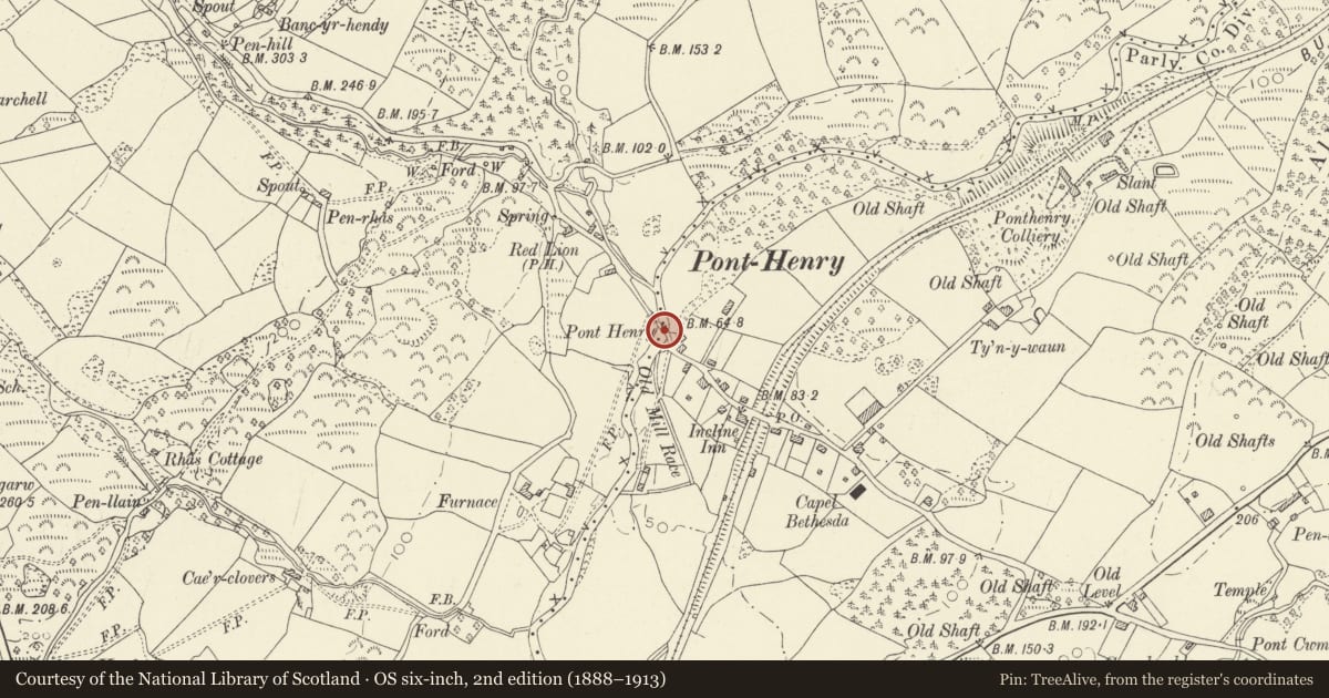 Ordnance Survey six-inch map, 2nd edition (1888–1913) covering the location of Pont Henri, Llanelli Rural, Carmarthenshire, with a pin at the register's coordinates