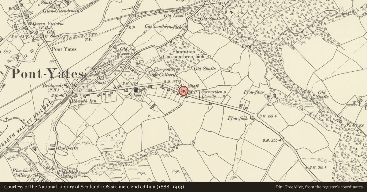 Ordnance Survey six-inch map, 2nd edition (1888–1913) covering the location of Milepost at Pontyates, Llanelli Rural, Carmarthenshire, with a pin at the register's coordinates