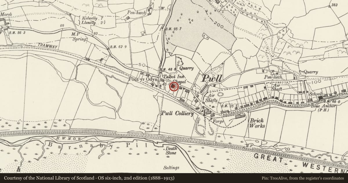Ordnance Survey six-inch map, 2nd edition (1888–1913) covering the location of Bethlehem Baptist Chapel, Llanelli Rural, Carmarthenshire, with a pin at the register's coordinates