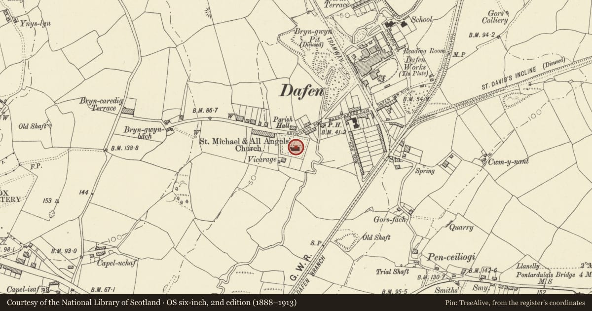 Ordnance Survey six-inch map, 2nd edition (1888–1913) covering the location of Church of St Michael and all Angels, Llanelli Rural, Carmarthenshire, with a pin at the register's coordinates
