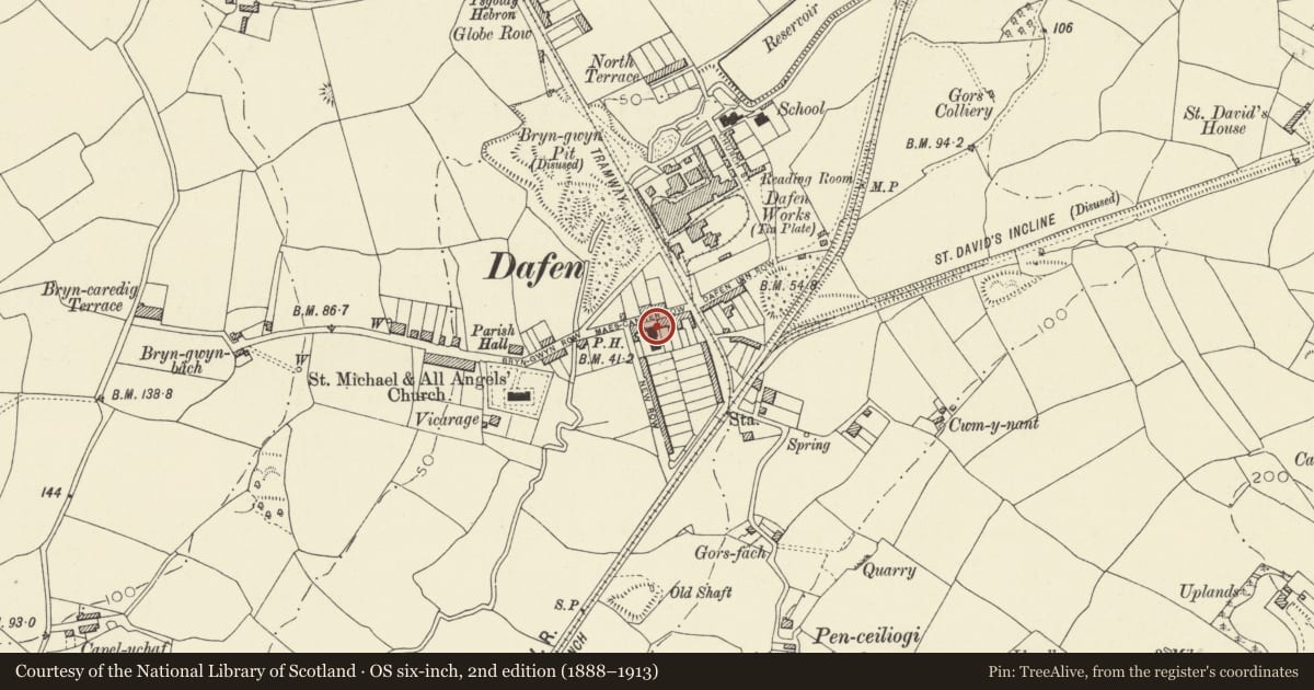 Ordnance Survey six-inch map, 2nd edition (1888–1913) covering the location of Maescanner Baptist Chapel, Llanelli Rural, Carmarthenshire, with a pin at the register's coordinates
