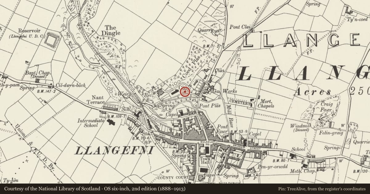 Ordnance Survey six-inch map, 2nd edition (1888–1913) covering the location of Gates and arch to Church of St. Cyngar, Llangefni, Isle of Anglesey, with a pin at the register's coordinates
