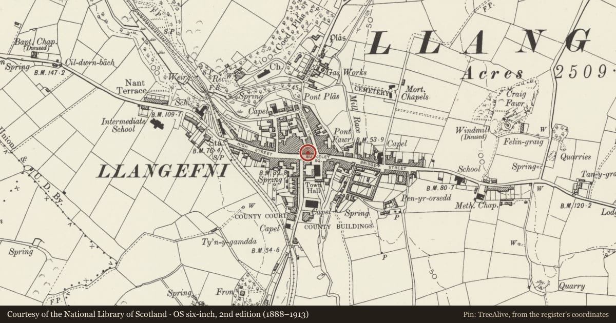 Ordnance Survey six-inch map, 2nd edition (1888–1913) covering the location of The Market Hotel, Llangefni, Isle of Anglesey, with a pin at the register's coordinates