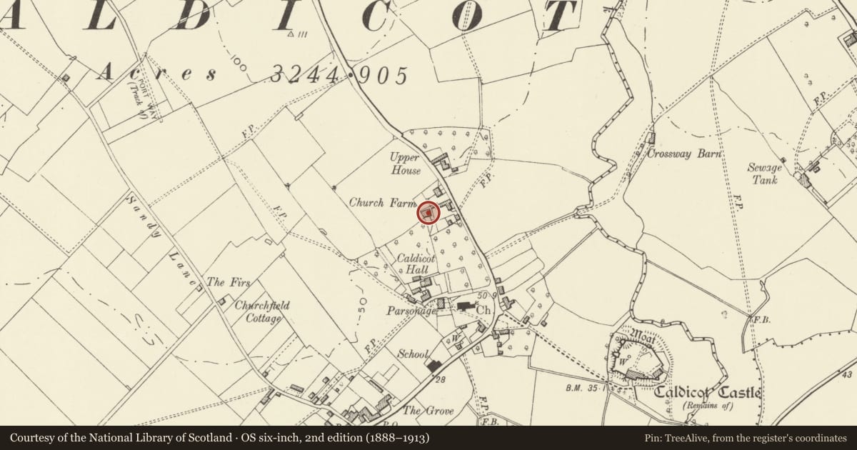 Ordnance Survey six-inch map, 2nd edition (1888–1913) covering the location of Church Farmhouse, Caldicot, Monmouthshire, with a pin at the register's coordinates