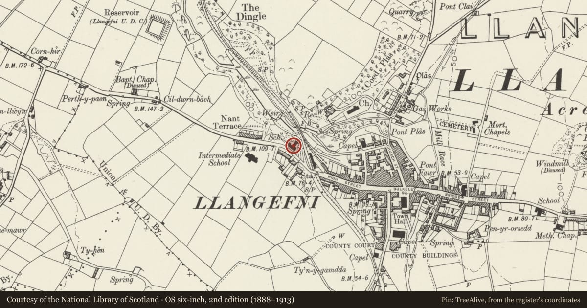 Ordnance Survey six-inch map, 2nd edition (1888–1913) covering the location of Former National School and Schoolhouse, Llangefni, Isle of Anglesey, with a pin at the register's coordinates
