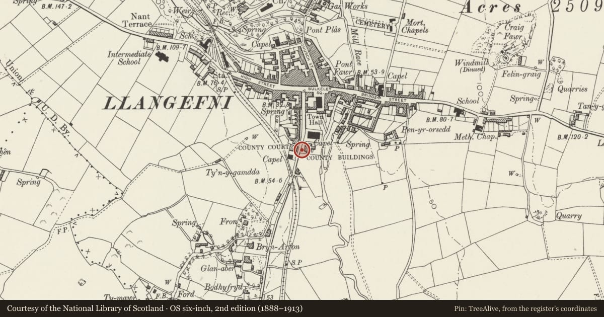 Ordnance Survey six-inch map, 2nd edition (1888–1913) covering the location of War memorial in front of the Shire Hall, Llangefni, Isle of Anglesey, with a pin at the register's coordinates