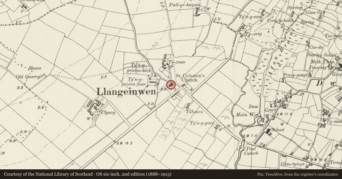 Ordnance Survey six-inch map, 2nd edition (1888–1913) covering the location of Church of St Ceinwen, Rhosyr, Isle of Anglesey, with a pin at the register's coordinates