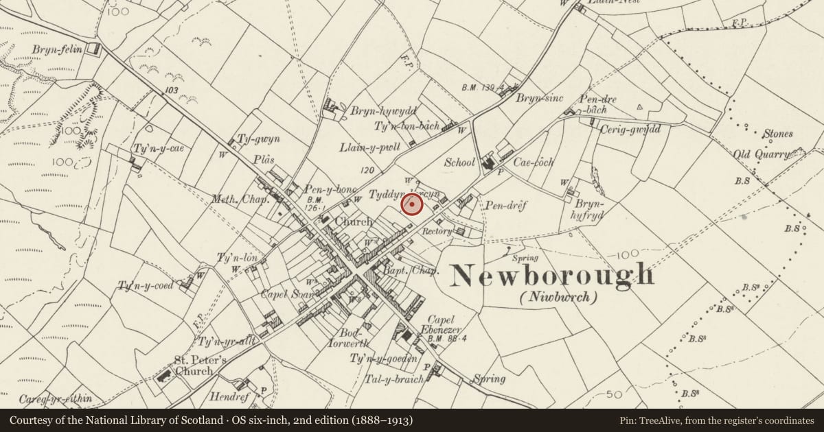 Ordnance Survey six-inch map, 2nd edition (1888–1913) covering the location of Prichard Jones Institute, Rhosyr, Isle of Anglesey, with a pin at the register's coordinates