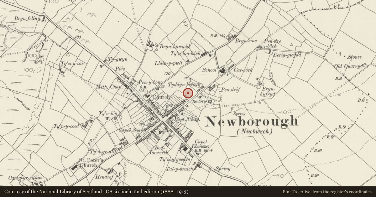 Ordnance Survey six-inch map, 2nd edition (1888–1913) covering the location of Prichard Jones Institute Cottage Home (No. 1), Rhosyr, Isle of Anglesey, with a pin at the register's coordinates