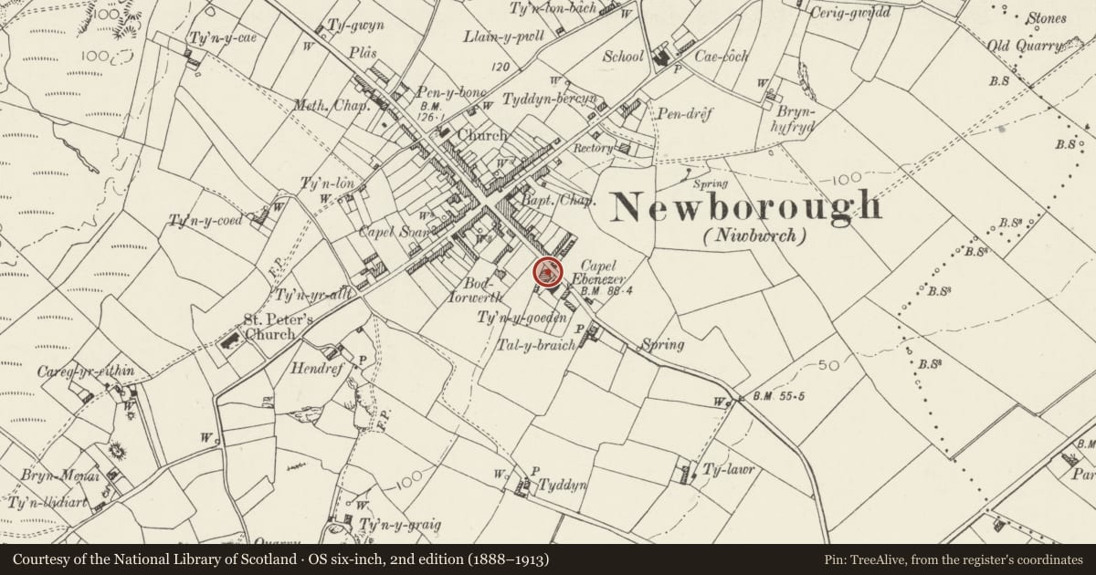 Ordnance Survey six-inch map, 2nd edition (1888–1913) covering the location of Ebeneser Chapel house and Sunday school, Rhosyr, Isle of Anglesey, with a pin at the register's coordinates