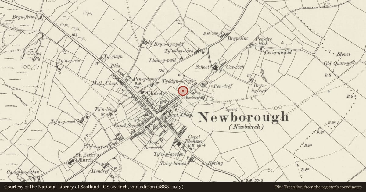 Ordnance Survey six-inch map, 2nd edition (1888–1913) covering the location of Prichard Jones Institute Cottage Home, Rhosyr, Isle of Anglesey, with a pin at the register's coordinates