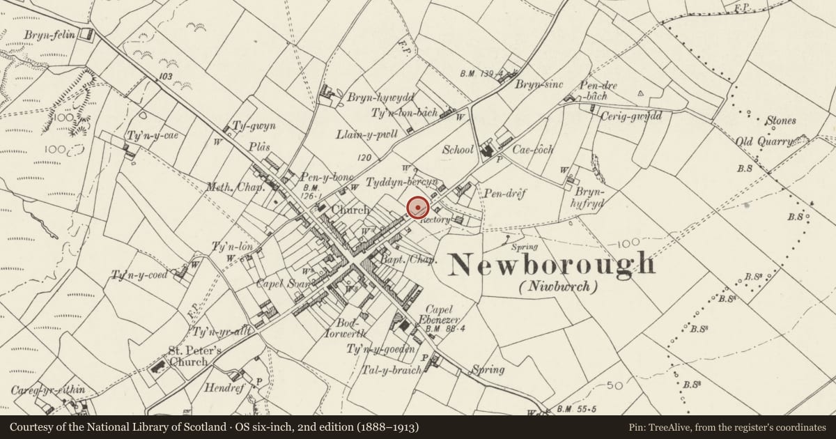 Ordnance Survey six-inch map, 2nd edition (1888–1913) covering the location of Prichard Jones Institute Cottage Home, Rhosyr, Isle of Anglesey, with a pin at the register's coordinates