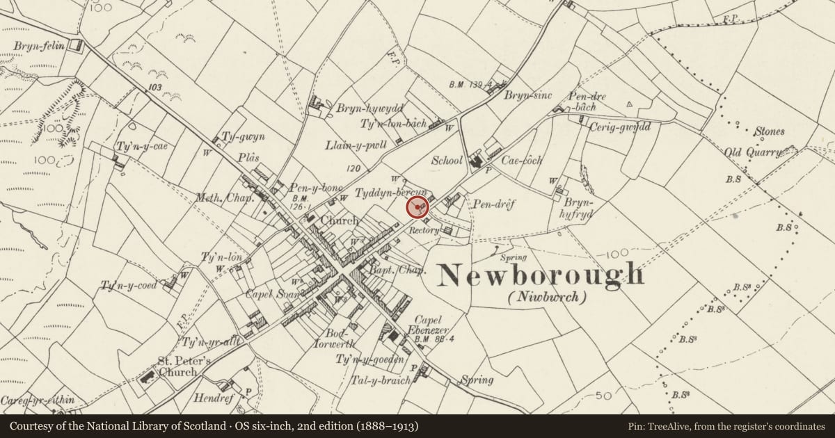 Ordnance Survey six-inch map, 2nd edition (1888–1913) covering the location of Prichard Jones Institute Cottage Home, Rhosyr, Isle of Anglesey, with a pin at the register's coordinates