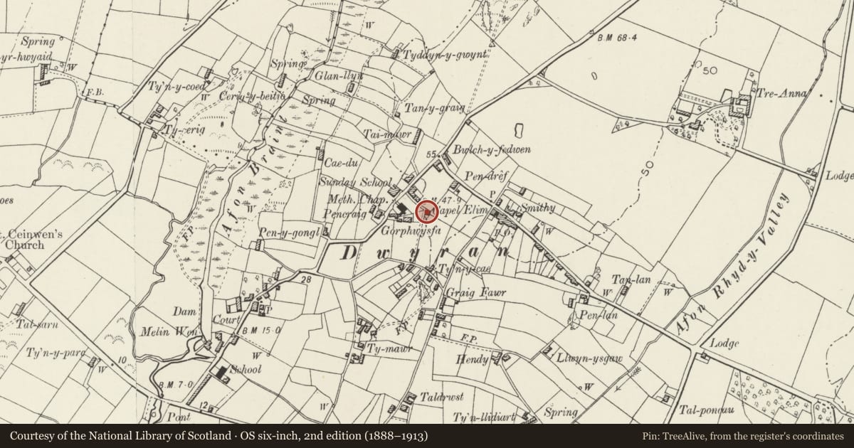 Ordnance Survey six-inch map, 2nd edition (1888–1913) covering the location of Capel Elim, Rhosyr, Isle of Anglesey, with a pin at the register's coordinates