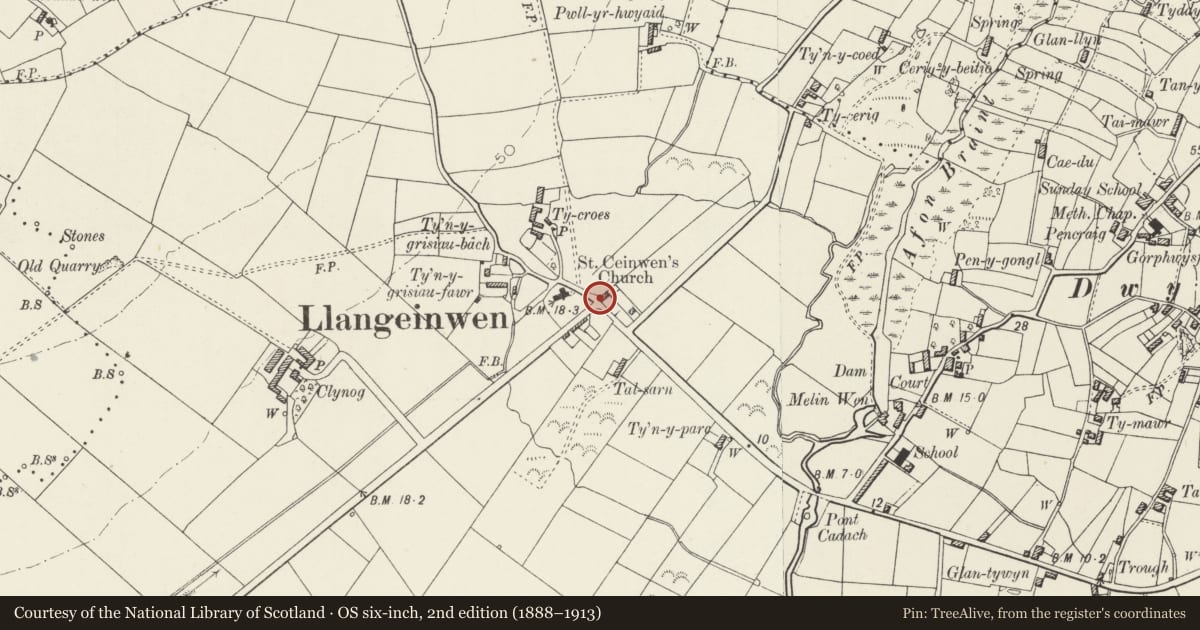 Ordnance Survey six-inch map, 2nd edition (1888–1913) covering the location of Ysgoldy, Rhosyr, Isle of Anglesey, with a pin at the register's coordinates