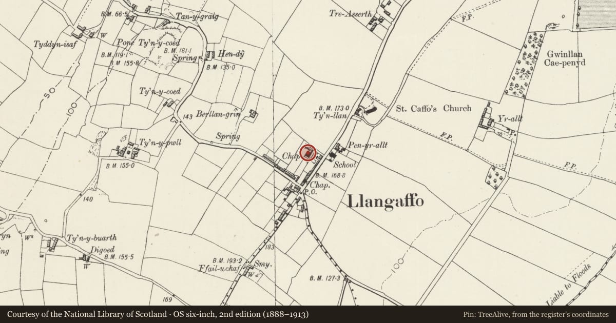 Ordnance Survey six-inch map, 2nd edition (1888–1913) covering the location of Capel Bethania, chapel house and schoolroom, Rhosyr, Isle of Anglesey, with a pin at the register's coordinates