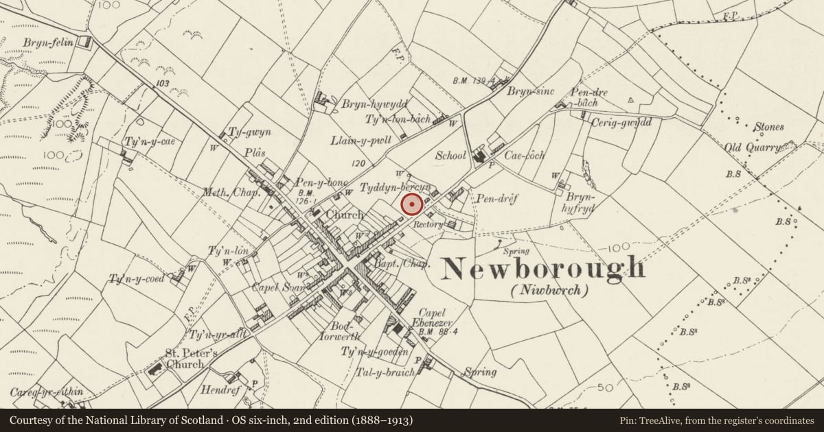Ordnance Survey six-inch map, 2nd edition (1888–1913) covering the location of War Memorial, Rhosyr, Isle of Anglesey, with a pin at the register's coordinates