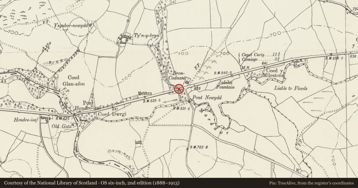 Ordnance Survey six-inch map, 2nd edition (1888–1913) covering the location of Holyhead Road Bridge at Bron-cadnant, Pentrefoelas, Conwy, with a pin at the register's coordinates