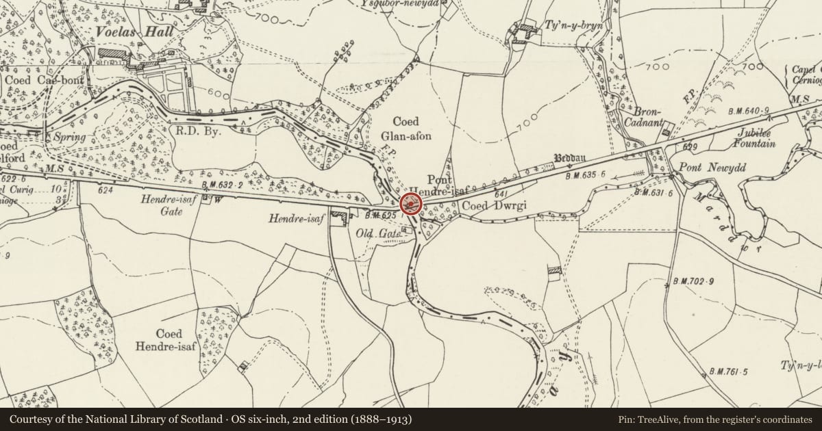 Ordnance Survey six-inch map, 2nd edition (1888–1913) covering the location of Pont Hendre-isaf (partly in Ysbyty Ifan), Pentrefoelas, Conwy, with a pin at the register's coordinates