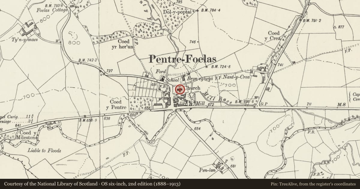 Ordnance Survey six-inch map, 2nd edition (1888–1913) covering the location of Parish Church, Pentrefoelas, Conwy, with a pin at the register's coordinates