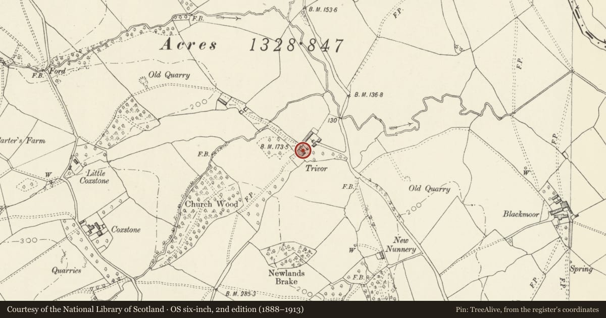 Ordnance Survey six-inch map, 2nd edition (1888–1913) covering the location of Trivor Farmhouse (aka Tre-Ivor), Whitecastle, Monmouthshire, with a pin at the register's coordinates