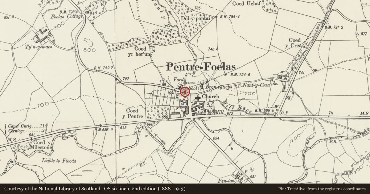 Ordnance Survey six-inch map, 2nd edition (1888–1913) covering the location of Pont-yr-odyn, Pentrefoelas, Conwy, with a pin at the register's coordinates