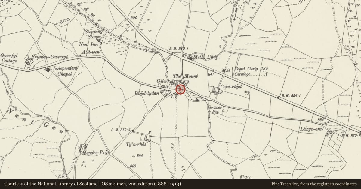 Ordnance Survey six-inch map, 2nd edition (1888–1913) covering the location of Pont Rhydlydan, Pentrefoelas, Conwy, with a pin at the register's coordinates