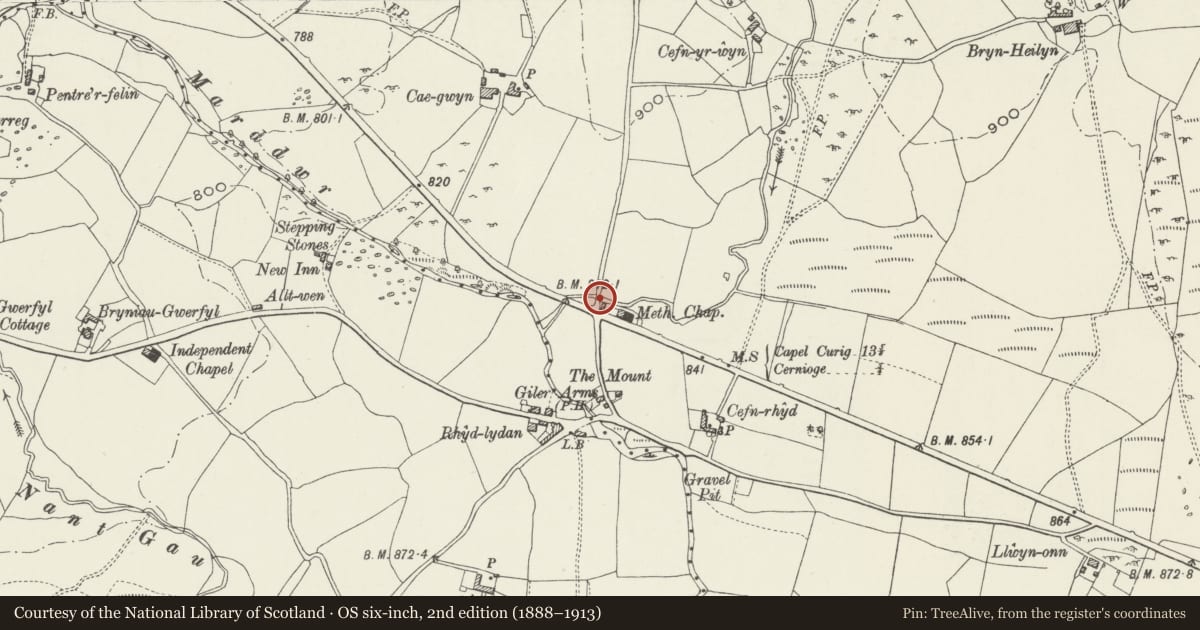 Ordnance Survey six-inch map, 2nd edition (1888–1913) covering the location of Pont Twllaran, Pentrefoelas, Conwy, with a pin at the register's coordinates