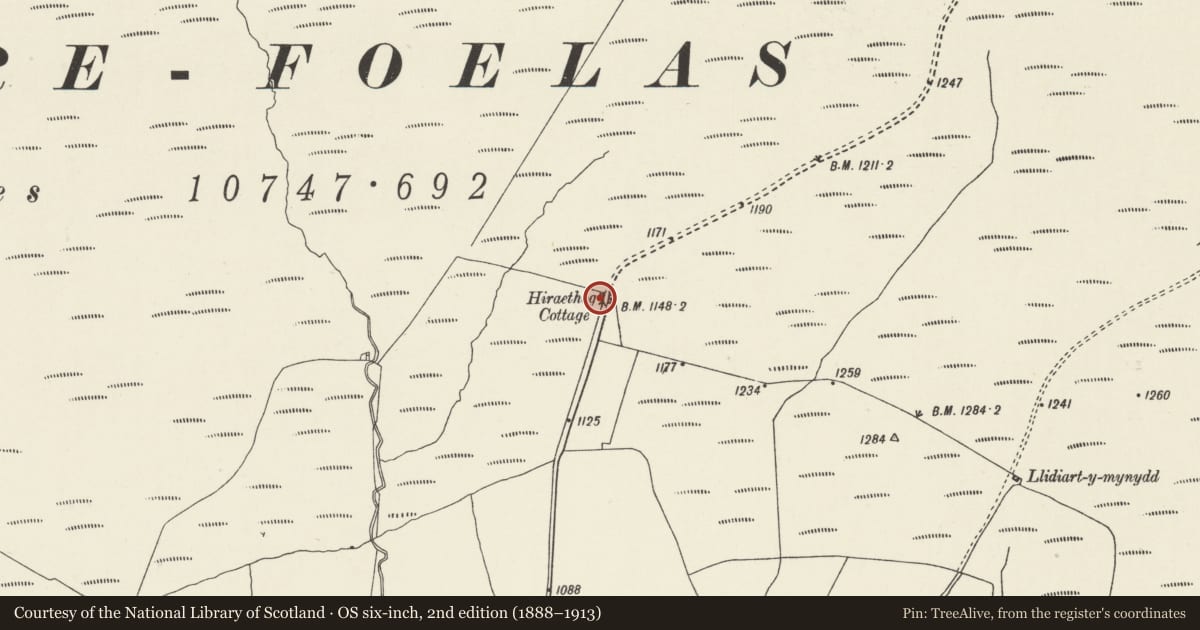 Ordnance Survey six-inch map, 2nd edition (1888–1913) covering the location of Tyrpeg Mynydd, Pentrefoelas, Conwy, with a pin at the register's coordinates
