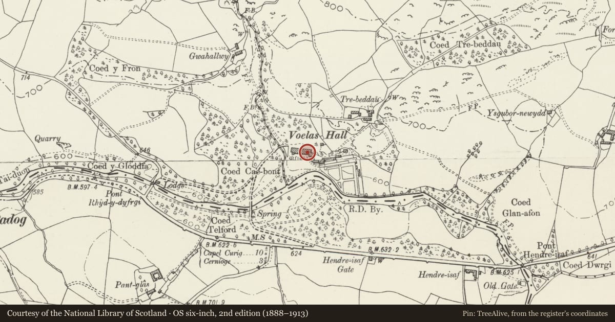 Ordnance Survey six-inch map, 2nd edition (1888–1913) covering the location of Summerhouse at Voelas, Pentrefoelas, Conwy, with a pin at the register's coordinates