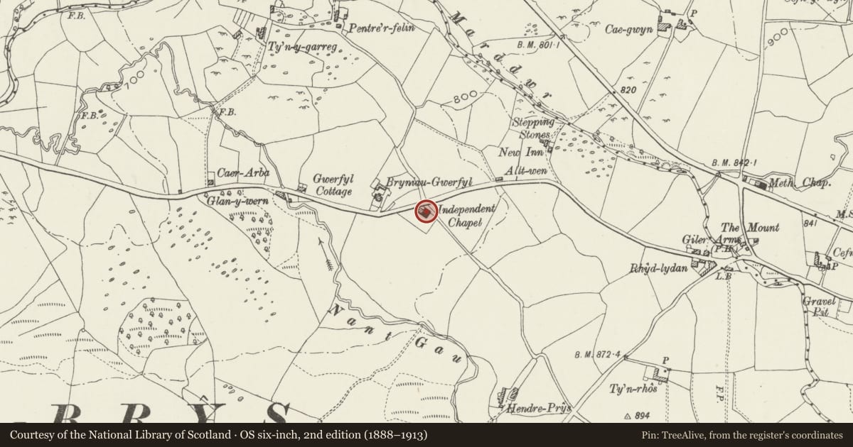 Ordnance Survey six-inch map, 2nd edition (1888–1913) covering the location of Bethel Addoldy yr Annibynwyr including Ty-capel, Schoolroom and associated teacher's house, Pentrefoelas, Conwy, with a pin at the register's coordinates