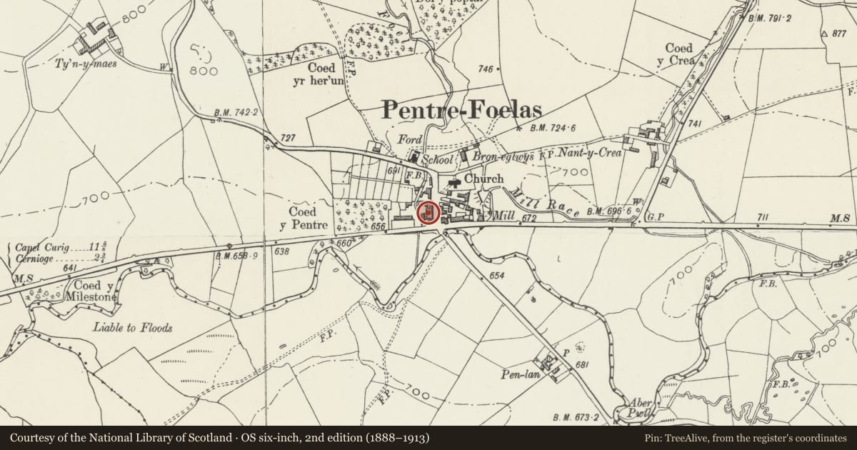 Ordnance Survey six-inch map, 2nd edition (1888–1913) covering the location of Foelas Arms Hotel, Pentrefoelas, Conwy, with a pin at the register's coordinates