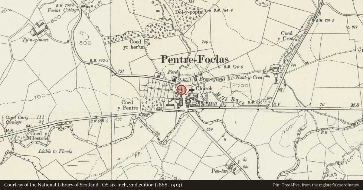 Ordnance Survey six-inch map, 2nd edition (1888–1913) covering the location of Y golchdy (also known as Yr hen ladd-dy), Pentrefoelas, Conwy, with a pin at the register's coordinates