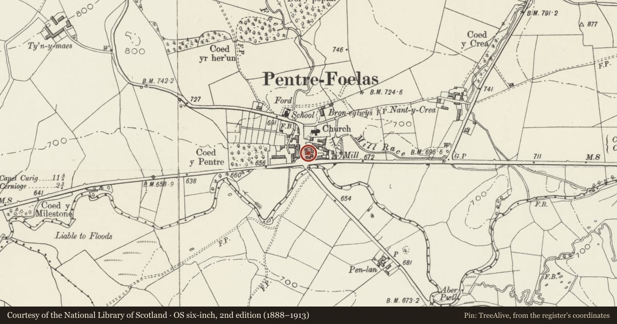 Ordnance Survey six-inch map, 2nd edition (1888–1913) covering the location of Mill House, Pentrefoelas, Conwy, with a pin at the register's coordinates