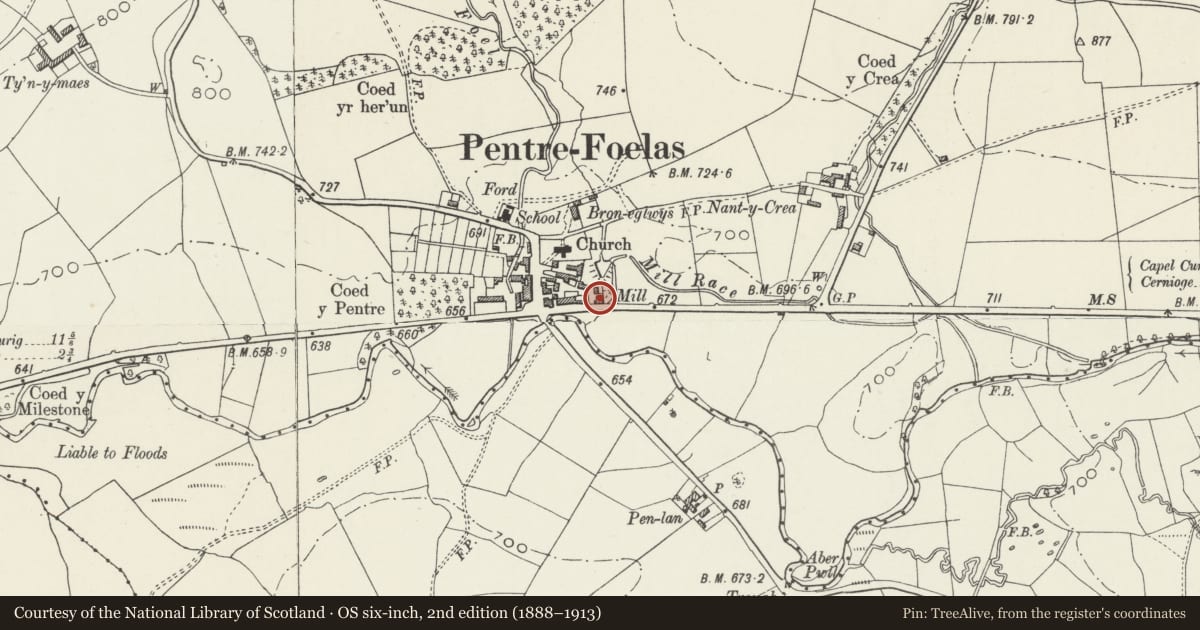 Ordnance Survey six-inch map, 2nd edition (1888–1913) covering the location of Melin Voelas, Pentrefoelas, Conwy, with a pin at the register's coordinates