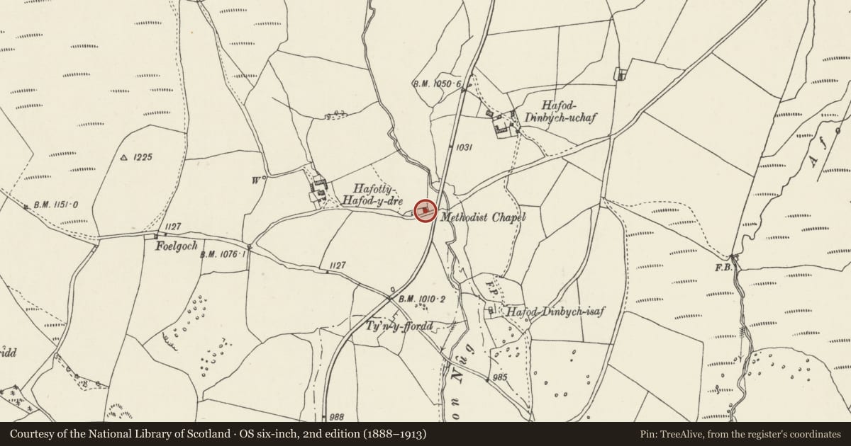 Ordnance Survey six-inch map, 2nd edition (1888–1913) covering the location of Chapel at Hafod, Pentrefoelas, Conwy, with a pin at the register's coordinates
