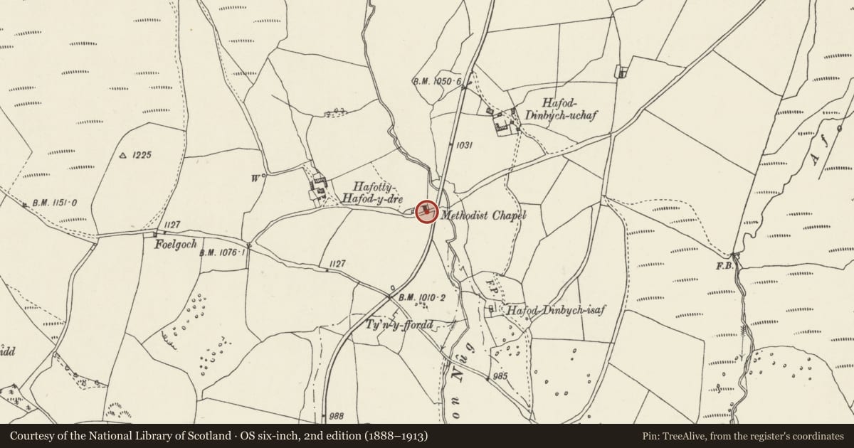Ordnance Survey six-inch map, 2nd edition (1888–1913) covering the location of Telephone Call-box at Hafod, Pentrefoelas, Conwy, with a pin at the register's coordinates