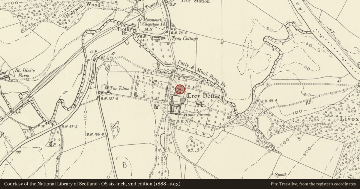 Ordnance Survey six-inch map, 2nd edition (1888–1913) covering the location of Troy House, Monmouth, Monmouthshire, with a pin at the register's coordinates