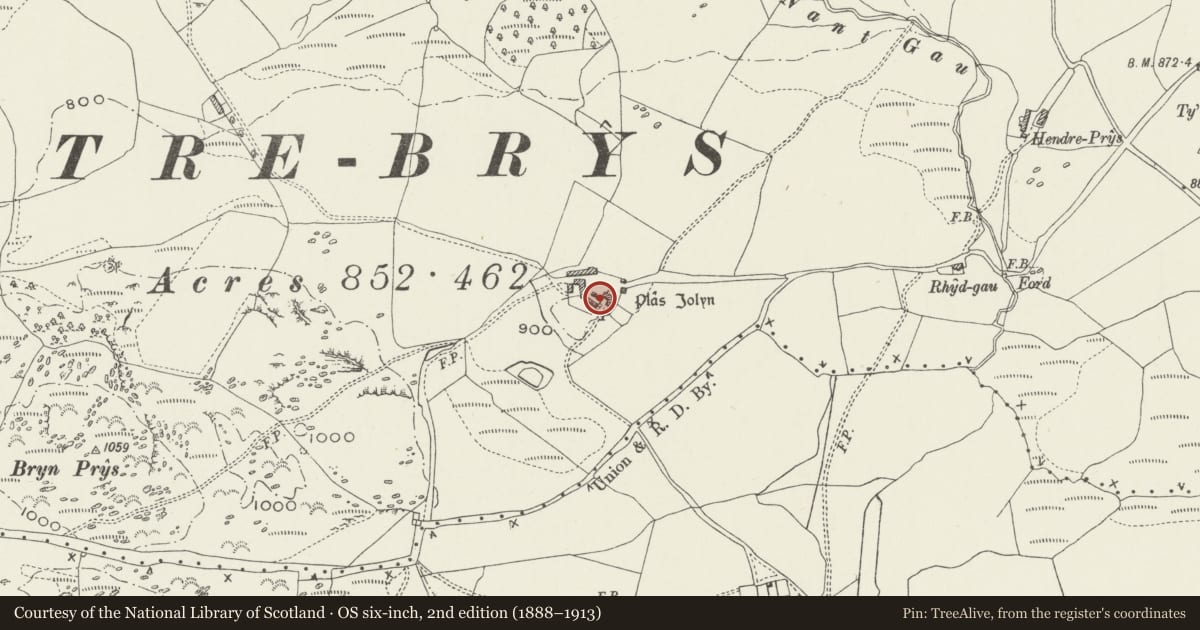Ordnance Survey six-inch map, 2nd edition (1888–1913) covering the location of Washhouse and outbuilding at Plas Iolyn, Pentrefoelas, Conwy, with a pin at the register's coordinates