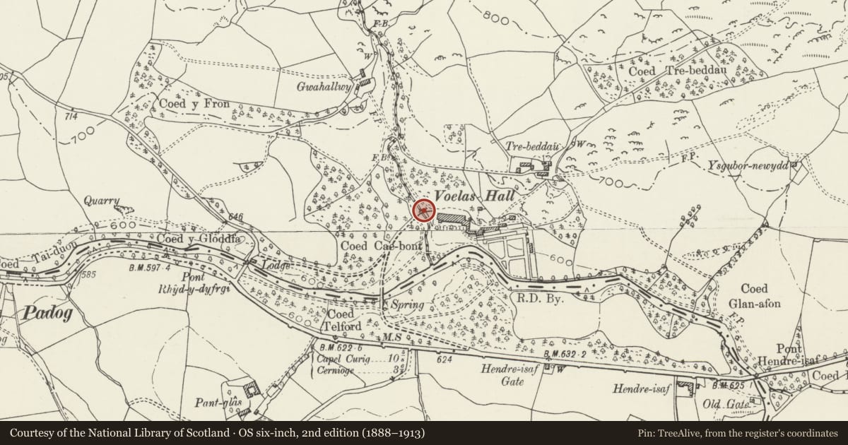 Ordnance Survey six-inch map, 2nd edition (1888–1913) covering the location of Driveway bridge at Voelas (partly in Bro Garmon community), Pentrefoelas, Conwy, with a pin at the register's coordinates