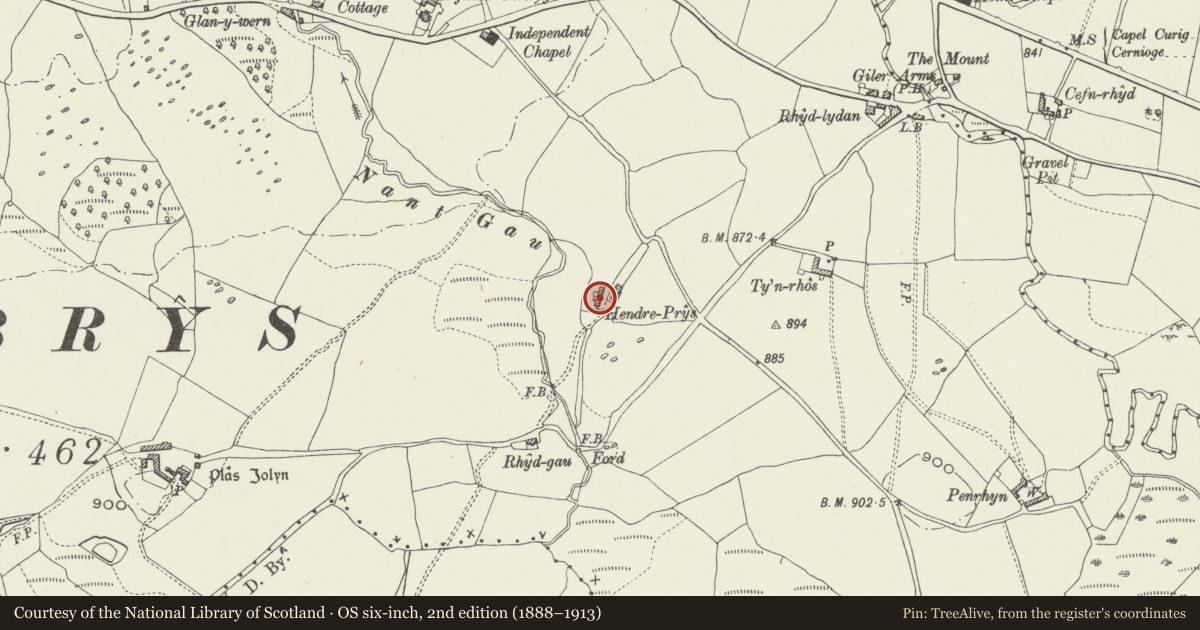 Ordnance Survey six-inch map, 2nd edition (1888–1913) covering the location of Hendre-Brys, with attached farm buildings, Pentrefoelas, Conwy, with a pin at the register's coordinates