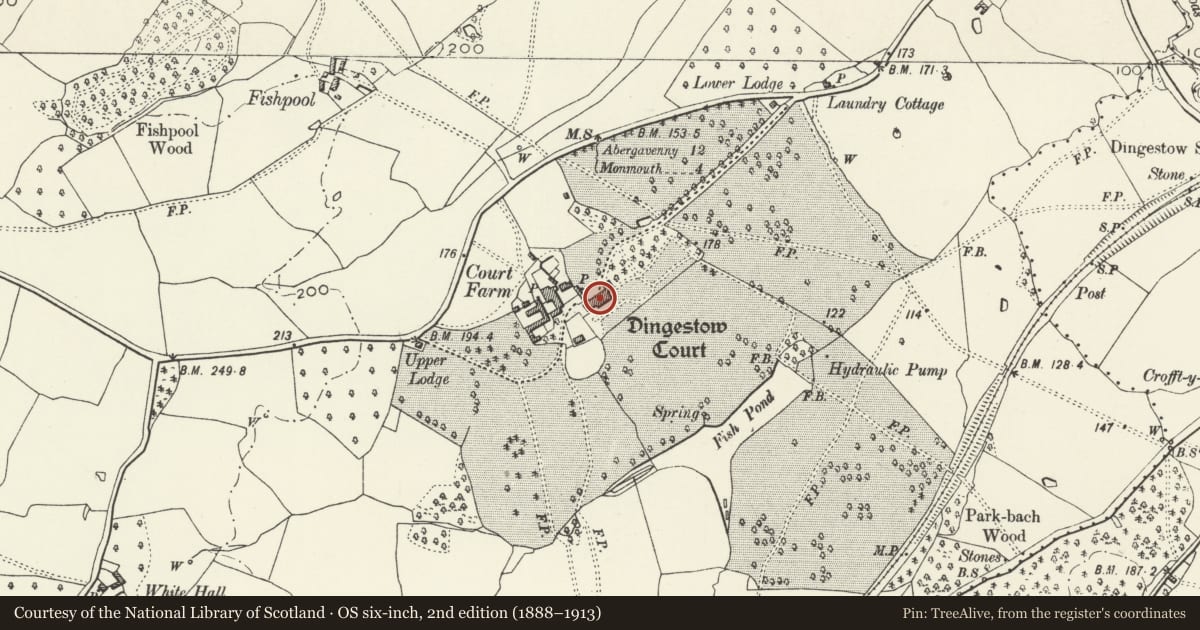 Ordnance Survey six-inch map, 2nd edition (1888–1913) covering the location of Dingestow Court, Mitchel Troy, Monmouthshire, with a pin at the register's coordinates
